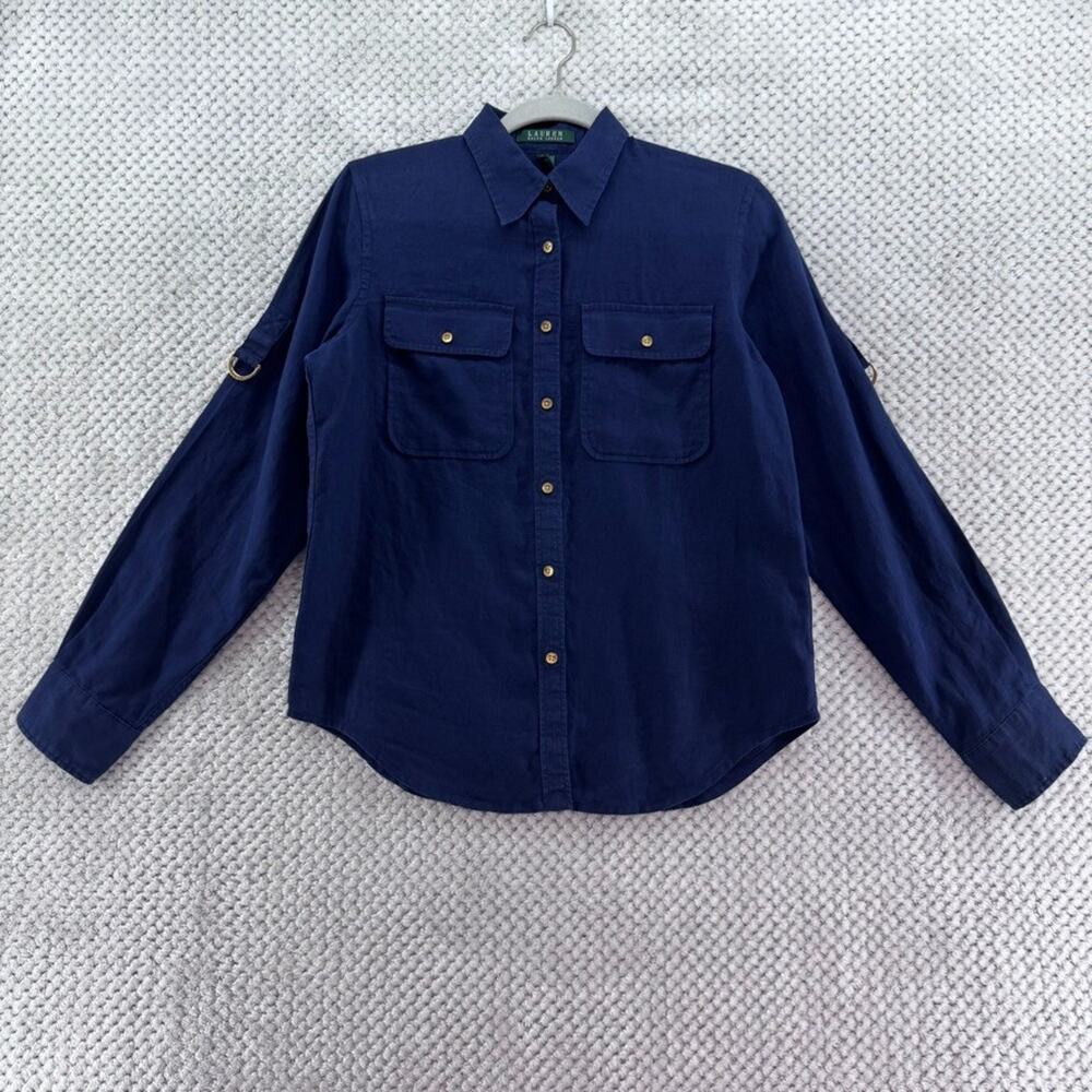 Lauren Ralph Lauren Top Womens S Linen Blue Button Front Roll Tab Sleeves Casual